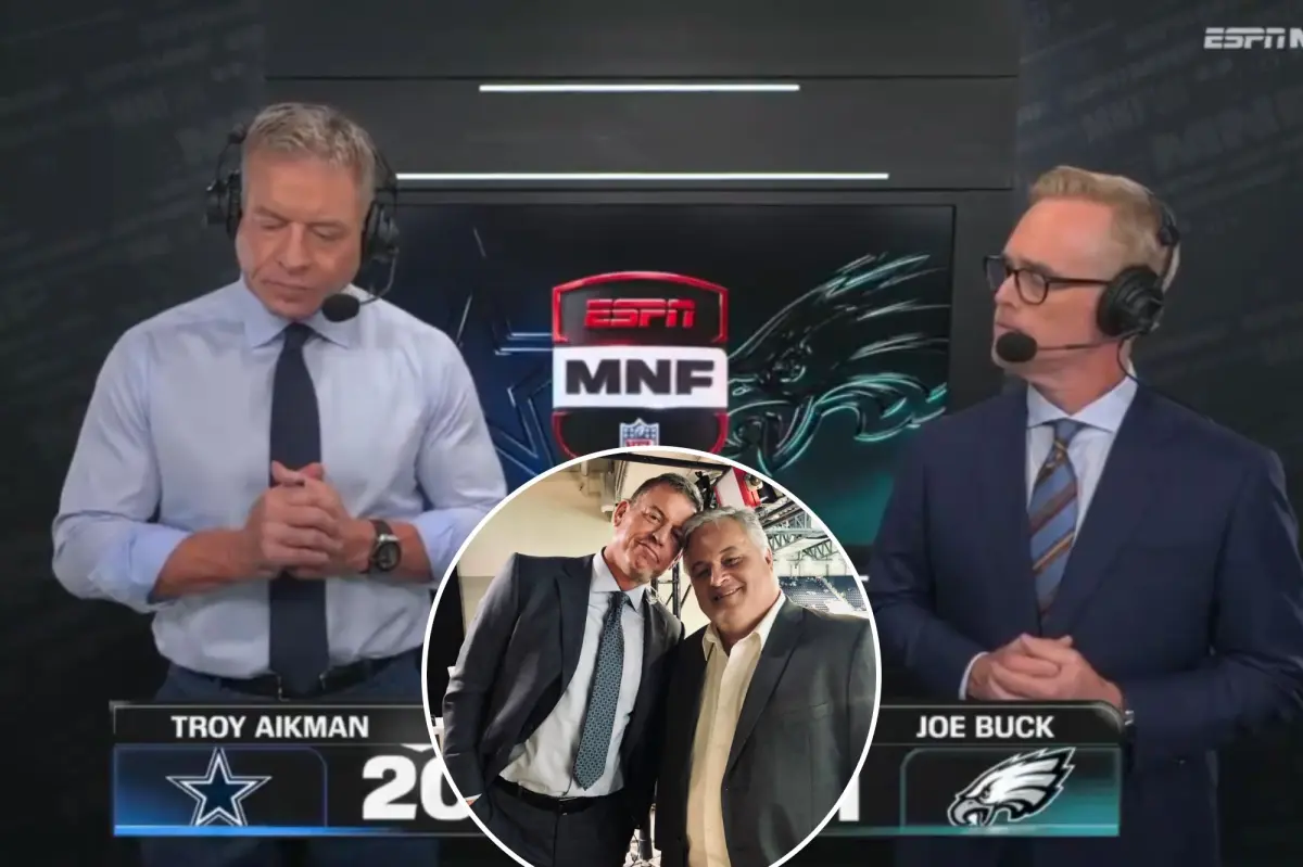 Troy Aikman and Joe Buck share a heartfelt moment in the 'MNF' booth following David Moulton's passing.