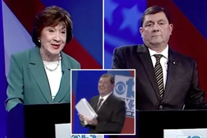 Troy Jackson criticizes voter ID while using a large binder of notes in his first debate with Maine Senator Susan Collins.