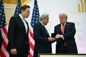 Trump announces $2.4B in commitments from tech companies like Nvidia and OpenAI; emphasizes the 'super intelligence' label