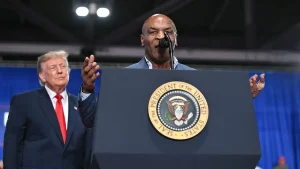 Trump invites Mike Tyson to the stage at the Syracuse rally and jokes that he is Bruce Blakeman's bodyguard.