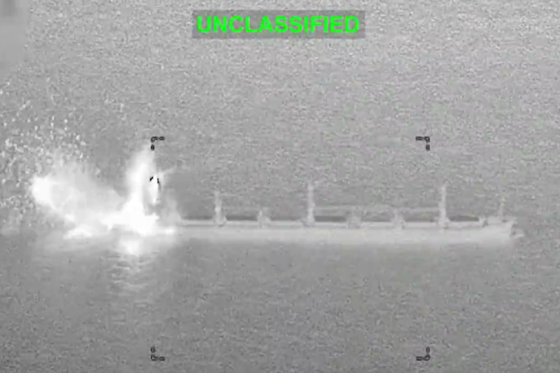 U.S. military aircraft attacks a commercial ship in the Gulf of Oman thought to have tried to breach American restrictions