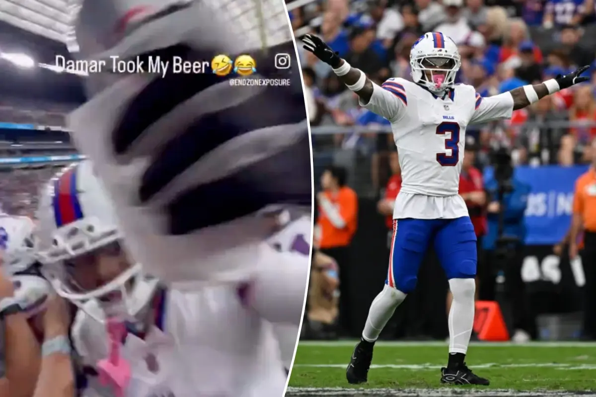 Video captures Bills player Damar Hamlin receiving a beer from a Raiders fan