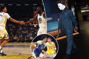 Yaxel Lendeborg arrives for the second round against Luka Doncic dressed as Michael Myers.