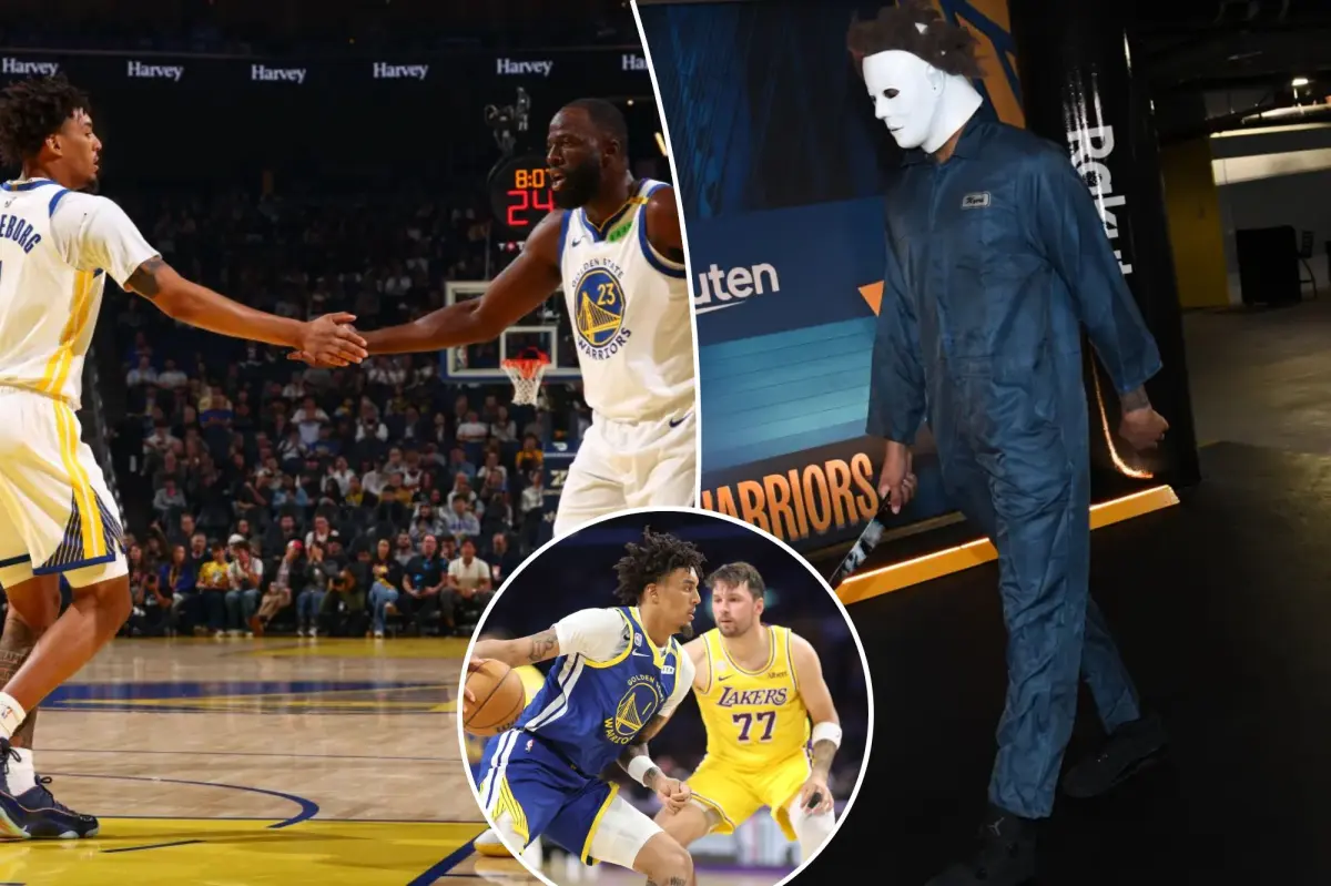 Yaxel Lendeborg arrives for the second round against Luka Doncic dressed as Michael Myers.