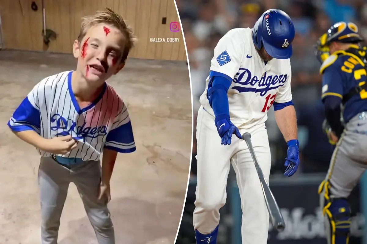 Young Brewers supporter playfully mocks Dodgers with funny Halloween outfit after NLCS victory.